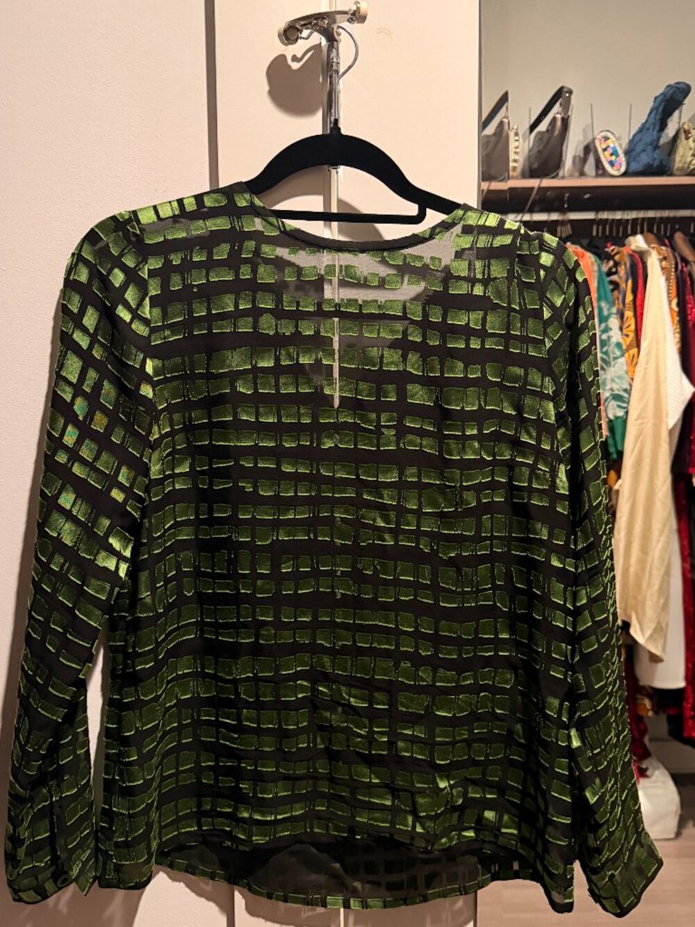 Vintage Yves Saint Laurent Green Black Sheer Grid Blouse